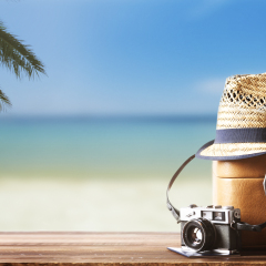 Vintage suitcase, hipster hat, photo camera and passport on wooden deck. Tropical sea, beach and palm three in background. Summer holiday traveling concept design banner with copyspace.
