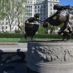 New York City, USA - April 25, 2015: Untermyer Fountain, Manhattan, NYC. The fountain and bronze cast of Walter Schott's Three Dancing Maidens sculpture, located in Central Park's Conservatory Garden.