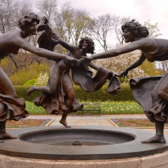 New York City, USA - April 25, 2015: Untermyer Fountain, Manhattan, NYC. The fountain and bronze cast of Walter Schott's Three Dancing Maidens sculpture, located in Central Park's Conservatory Garden.