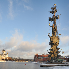 MOSCOW, RUSSIA - January 20, 2017
Winter Cityscape with Monument to Peter the Great. The monument was unveiled in 1997 by the project of Zurab Tseretelli to commemorate 300 anniversary of Russian Navy