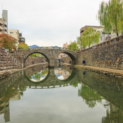 NAGASAKI - DEC,4:The nice view of the Meganebashi Bridge or Spectacle Bridge that was built in 1634.It's the oldest stone arch bridge in Japan. There are many tourists visiting here.JAPAN DEC,4 2016