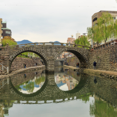 NAGASAKI - DEC,4:The nice view of the Meganebashi Bridge or Spectacle Bridge that was built in 1634.It's the oldest stone arch bridge in Japan. There are many tourists visiting here.JAPAN DEC,4 2016