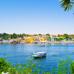 The view on the Nubian village, located on the Kitchener's island from the Kornish al Nile, Aswan, Egypt.