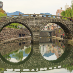 NAGASAKI - DEC,4:The nice view of the Meganebashi Bridge or Spectacle Bridge that was built in 1634.It's the oldest stone arch bridge in Japan. There are many tourists visiting here.JAPAN DEC,4 2016