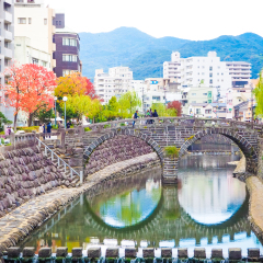 NAGASAKI,JAPAN - December 8,2015 :  Historic Megane Spectacles Bridge over the Nakashima River.