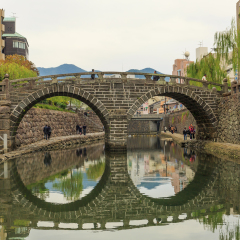 NAGASAKI - DEC,4:The nice view of the Meganebashi Bridge or Spectacle Bridge that was built in 1634.It's the oldest stone arch bridge in Japan. There are many tourists visiting here.JAPAN DEC,4 2016