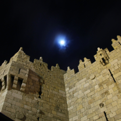Damascus Gate and the moon
Israel, Jerusalem: Damascus Gate to the old city at night. Black sky, light stone walls. View from below, the moon