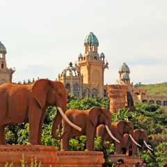 SUN CITY, SOUTH AFRICA - JANUARY 03, 2008: Gigantic elephant statues on Bridge of Time in famous resort Lost City in Sun City, South Africa.