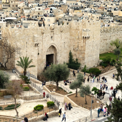 JERUSALEM, ISRAEL - MARCH 25, 2017: Shechem (Damascus) gate in the old city of Jerusalem. View from above
