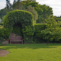 Johannesburg, South Africa - 11 November, 2011: Emmarentia park, Romantic nook with wood bench and hedge for repose (people in love)