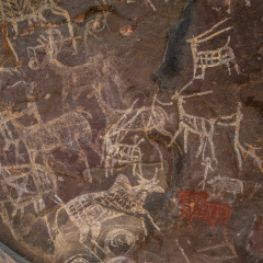Satukunda Rock Paintings. Just 24 km fom Bhopal, Satkunda has around 5000 year old rock art. Contemporary in quality and age the world Heritage site of Bhim Baithika in the east of Bhopal.