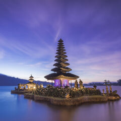 Pura Ulun Danu Bratan water temple with pagoda at sunset, Baturiti, Bali, Indonesia