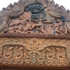 Close up of Banteay Srei or Banteay Srey, the ancient of Cambodian temple dedicated to the Hindu god Shiva, Angkor, Khmer temple ,Siem Reap, Cambodia - traveling concept.