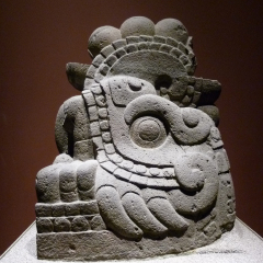 Mexico City, D.F, Mexico - January 2013: Sculpture of Xicoatl or the Fire Serpent, the most powerful weapon of ancient Aztecs gods at the National Museum of Anthropology.
