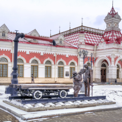 YEKATERINBURG, RUSSIA - March 23.2015: Museum of History, Science and Technology of Sverdlovsk railway in the open air, in the past building of the municipal railway station