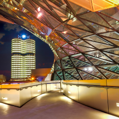 MUNICH, GERMANY - MARCH 8, 2016: BMW World (BMW Welt) in Munich at night, a multi-functional customer experience and exhibition facility of the BMW AG.