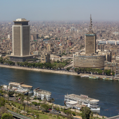 Aerial view of the downtown area of Cairo along the Nile River as viewed from the top of Cairo Tower. Cairo, Egypt April 26, 2014.
