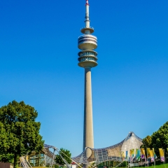 MUNICH, GERMANY, AUGUST 20, 2015: Tower of stadium of the Olympiapark in Munich, Germany, is an Olympic Park which was constructed for the 1972 Summer Olympics