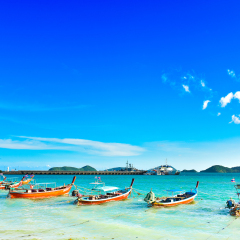 Long tail boat with blue sea and blue sky, Phuket island, Thailand