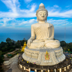Big Buddha statue Was built on a high hilltop of Phuket Thailand Can be seen from a distance.