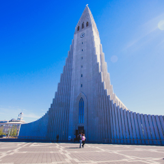 Hallgrimskirkja Cathedral in Reykjavik, Iceland, lutheran parish church, exterior in a sunny summer day with a blue sky
