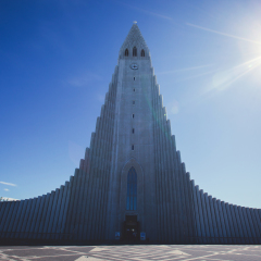 Hallgrimskirkja Cathedral in Reykjavik, Iceland, lutheran parish church, exterior in a sunny summer day with a blue sky
