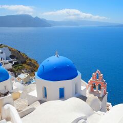 Famous blue domes of Oia in Santorini, Greece.