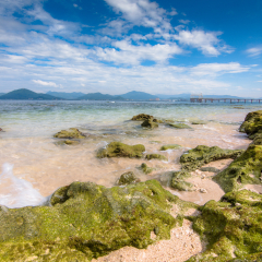 Hainan, China Sanya, West Island, Sun Bay, blue sky and white clouds seaside vacation beach sea water HD Photo