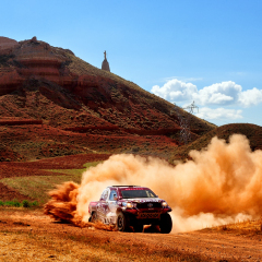 TERUEL, SPAIN - JUL 23 : Qatari driver Nasser Al Attiyah and his codriver Mathieu Baumel in a Toyota Hilux Overdrive race in the XXXIII Baja Spain, on Jul 23, 2016 in Teruel, Spain.