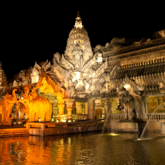 Main palace with elephant sculptures, in cultural theme park on the island of Phuket. Phuket FantaSea park