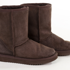 Pair of women's old boots. Brown fur boots on a white background.