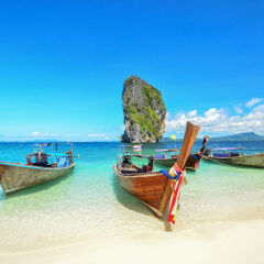 Long tailed boat Ruea Hang Yao park at sea in Phuket Thailand