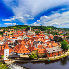 Panoramic aerial view over the old Town of Cesky Krumlov, Czech Republic. UNESCO World Heritage Site.
