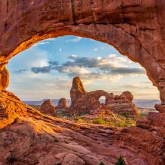 Turret arch through the North Window at Arches National Park in Utah