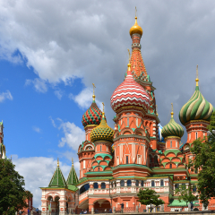 MOSCOW, RUSSIA - JUNE 7, 2018: Cathedral of Vasily Blessed, known as Cathedral of Intercession of Most Holy Theotokos on Moat, and Spasskaya Tower 