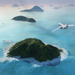 aircraft flies over a sea