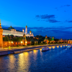 Moscow Kremlin, Kremlin Embankment and Moscow River at night in Moscow, Russia. Architecture and landmark of Moscow