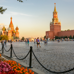 Moscow, Russia - August 1, 2017:  The Moscow Kremlin and Saint Basil's Cathedral (Cathedral of Vasily the Blessed - Pokrovsky Cathedral) on Red Square