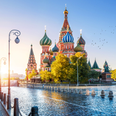 St. Basil's Cathedral on Red Square in Moscow and the morning autumn sun