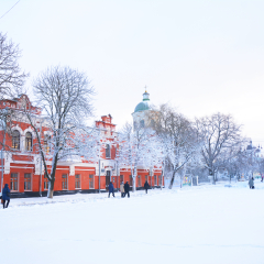 Nizhyn, Ukraine - December 11, 2017: Historical center of Nizhyn, on Gogol Street.