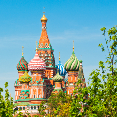 The Cathedral of Vasily the Blessed (Saint Basil's Cathedral) on Red square in sunny spring day. Moscow. Russia