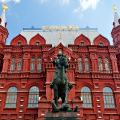 Georgy Zhukov monument against the background of Historical Museum of Russia in Moscow