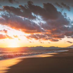 Mountain Fuji and sea wave in sunset at Shonan Coast,Kanagawa prefecture,Japan