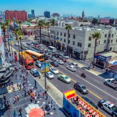 Hollywood/Los Angeles/California/USA - 07.19.2013: View from the top at Hollywood Blvd traffic on the sunny day. Lots of people walking on the sidewalk Walk Of Fame. 