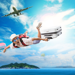 young man flying from passenger plane to natural destination island on blue ocean with happiness face emotion use for people traveling on vacation holiday in summer season 