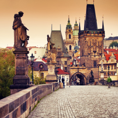 Beautiful view to Mala Strana and Charles bridge at sunset, Prague, Czech republic
