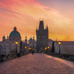 Charles Bridge scenic view at sunrise, Prague, Czech Republic, Europe
