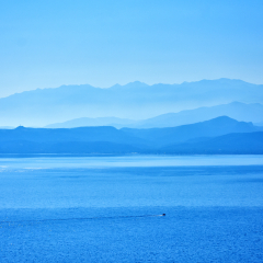 morning mountain ranges silhouettes on crete island in greece 