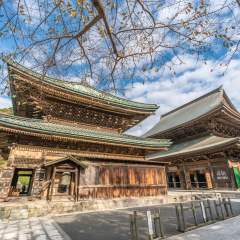Kencho-ji temple, Butsuden Hall and Hatto (lecture hall) or Dharma Hall. Blue sky with scattered clouds. Kamakura, Kanagawa Prefecture, Japan