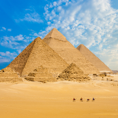 All Egyptian Pyramids from distance with row of camels walking in foreground in Giza, Cairo, Egypt.  Wide telephoto shot plenty of copy space.